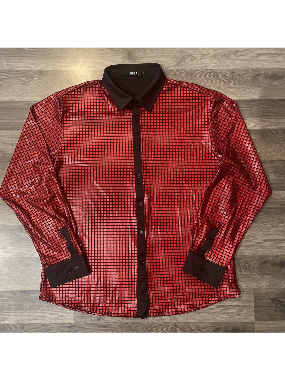 JOGAL Men’s 70s Disco Shirt Shiny Red Metallic Faux Sequin Party Costume Large